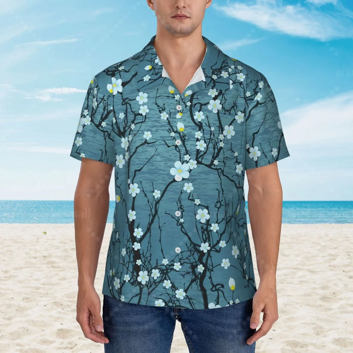 

Japanese Sakura Cherry Blossoms Hawaiian Shirt Men Short Sleeve Casual Floral Print Beach Shirt Summer Vacation Shirt