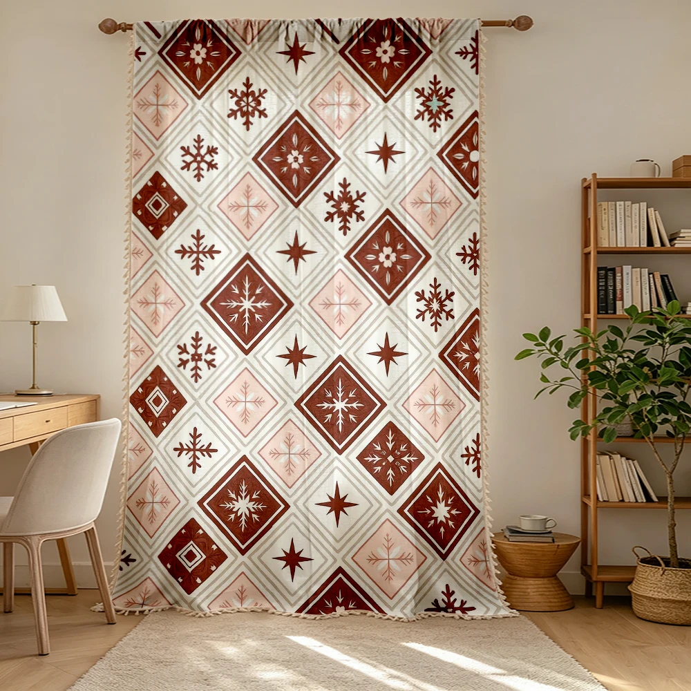1PC Christmas Winter Tassel Sheer Curtains, Diamond Snowflake, Digital Print, Linen Polyester, Bedroom Living Room, Home Decor