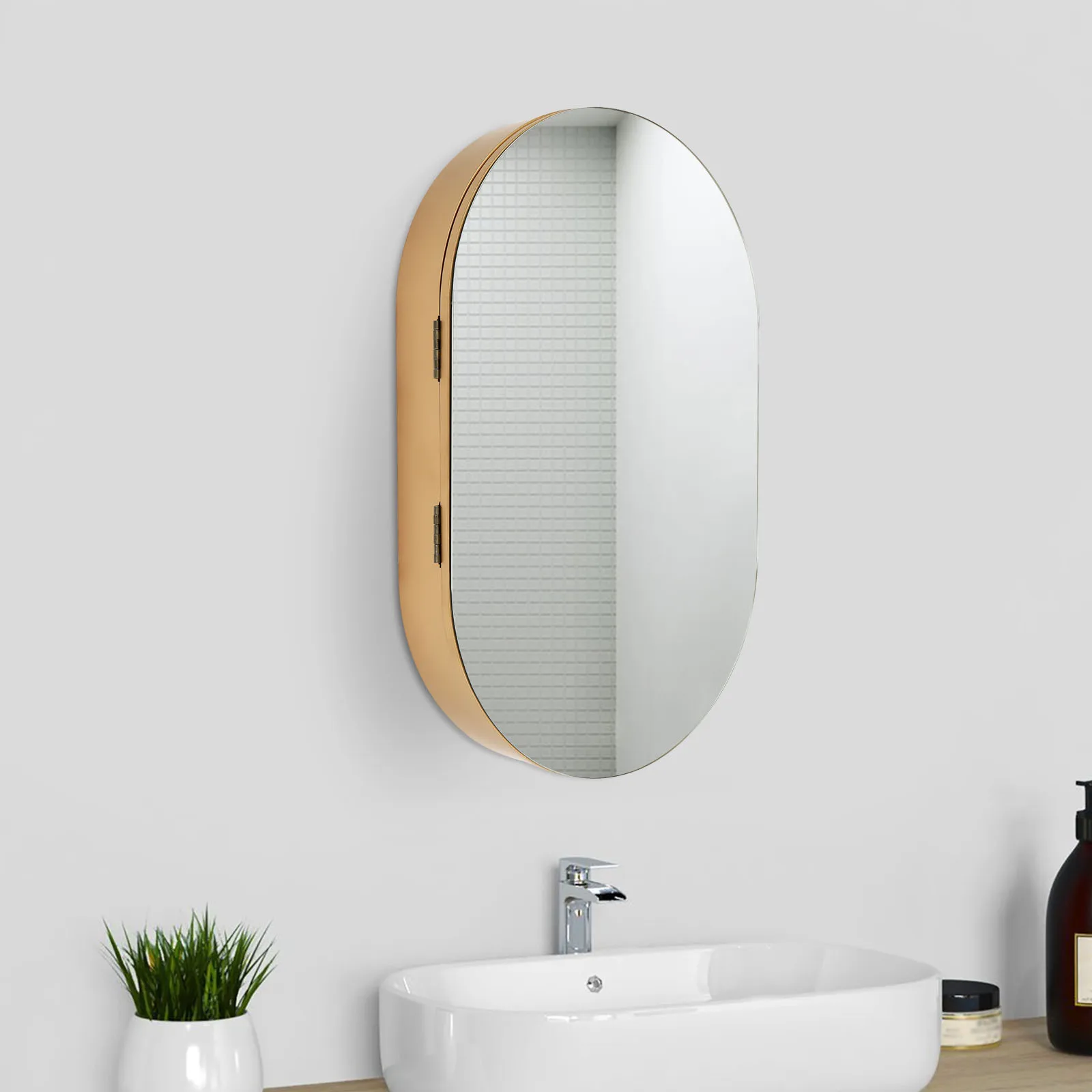 Oval Bathroom Mirror Cabinet with Storage, Wall Mounted Medicine Cabinet Mirror, Gold Bathroom Mirror 50.2 x 78.3cm, No Lights