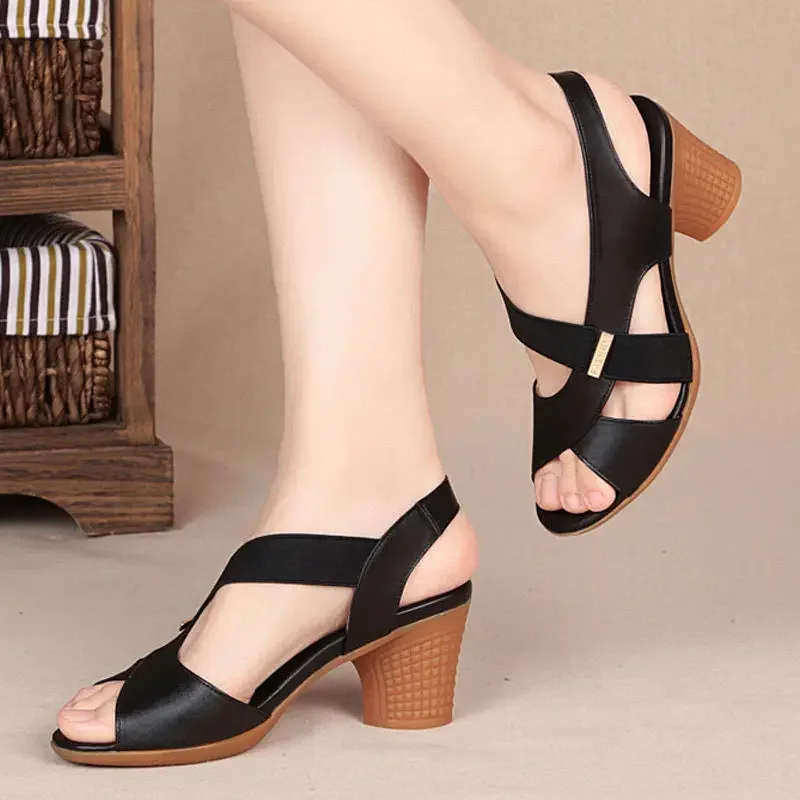 2024 New Women\'s Summer Heeled Shoes Comfortable High Heels Open Toe Non-slip Soft Bottom Mother Shoes Slip on Women\'s Sandals