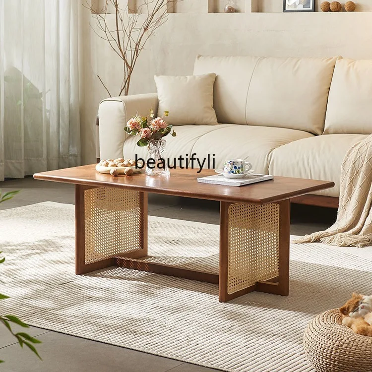 Solid Wood Tea Table Rectangular Household Small Tea Table Living Room Rattan White Wax Wood Homestay Vintage Low Table
