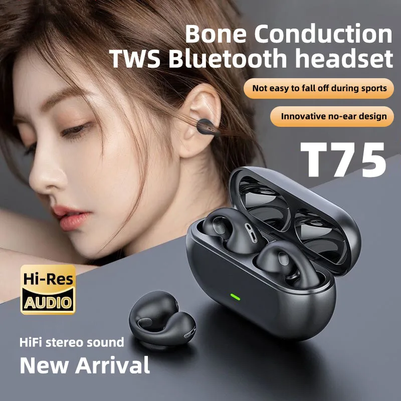 T75 Ear-Clip Bluetooth Headphones Bone Conduction Earphone Wireless Earbuds 3D Surround Stereo Bass Sports Headset with Mic