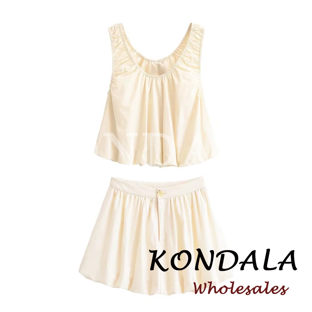 

KONDALA Chic 2026 Весенний Праздничный Женский Плиссированный Костюм: Плиссированный Жилет с Круглым Вырезом + Драпированная Мини-Юбка на Молнии, Модный Повседневный Женский Костюм