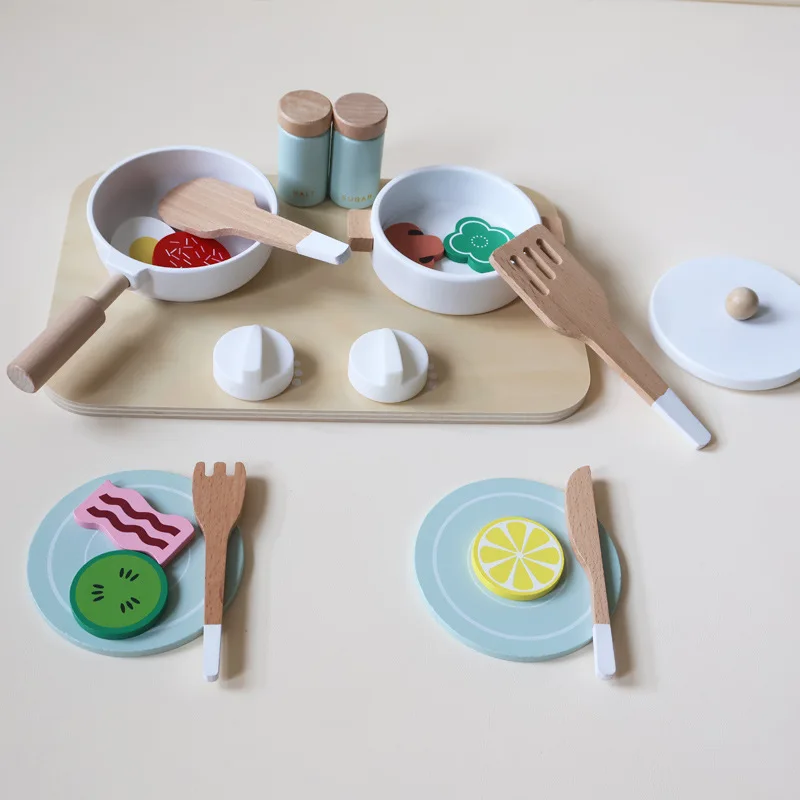 Juego de juguetes de cocina de madera minimalista: ollas/sartenes/cuchillos de cocina para niños pequeños, juego de chef pequeño