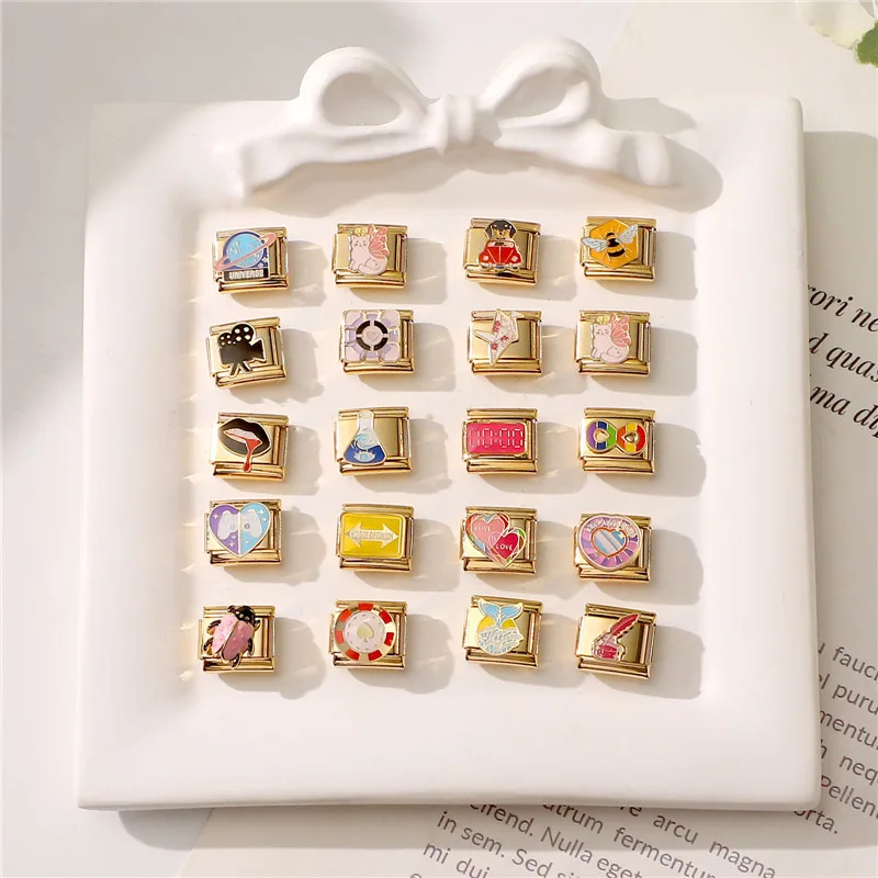 New Vintage Gold Color Dog Bee Projector Lips Heart Italian Charm Link Fit 9MM Bracelet Stainless Steel Women DIY Making Jewelry