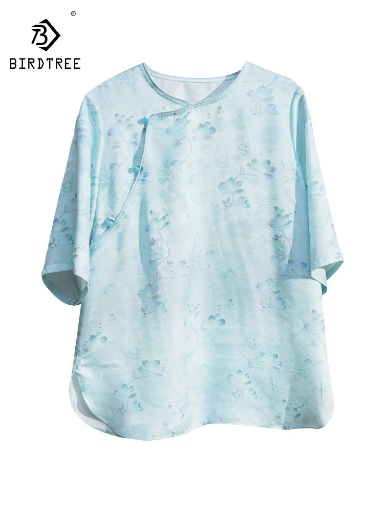 

BirdTree, 100%Real Silk Elegant T-Shirt, Women O Neck Jacquard Button, OL Vacation Party Blouses, 2024 Summer Autumn T478119QC