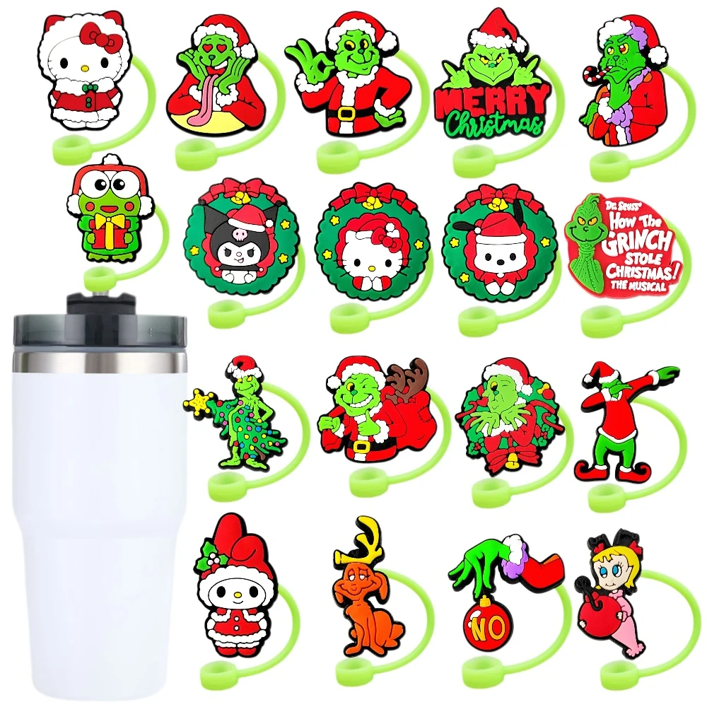 MINISO Sanrio Christmas Straw Cover Cap Cartoon 10MM Drink Straw Plug Reusable Fit Cup Accessories Straw Cap Charms Pendant Gift