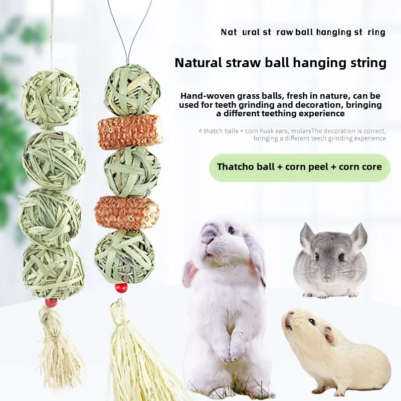 Bunny Chew Toy for Teeth Natural Hay Treats Handwoven Grass Balls Cage Toys for Rabbit Chinchilla Hamster Guinea Pig Pet Gadgets