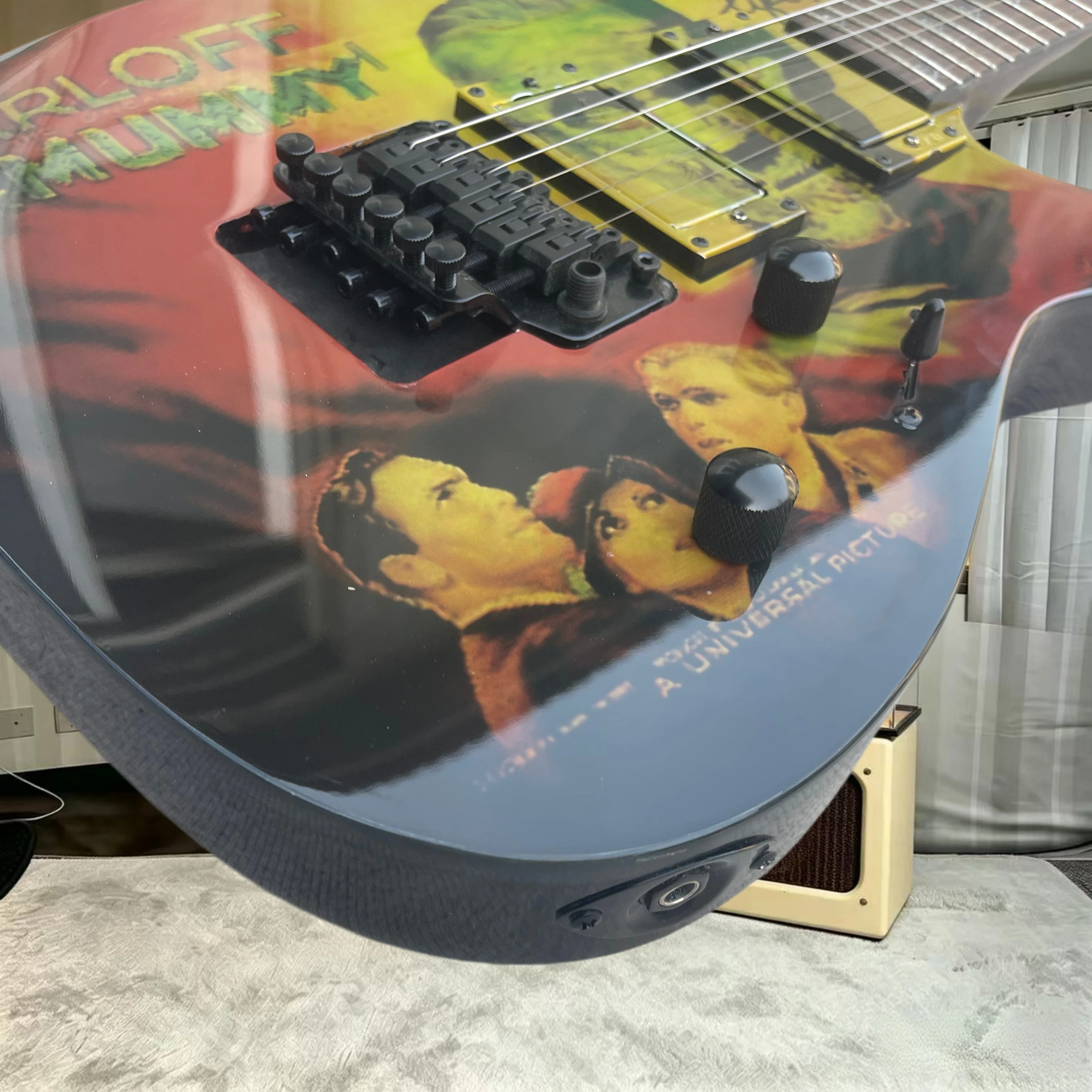 Vintage Horror Movie Graphic STP Electric Guitar HH Humbuckers Cross Inlay Fretboard Black Hardware Double Tremolo Metal