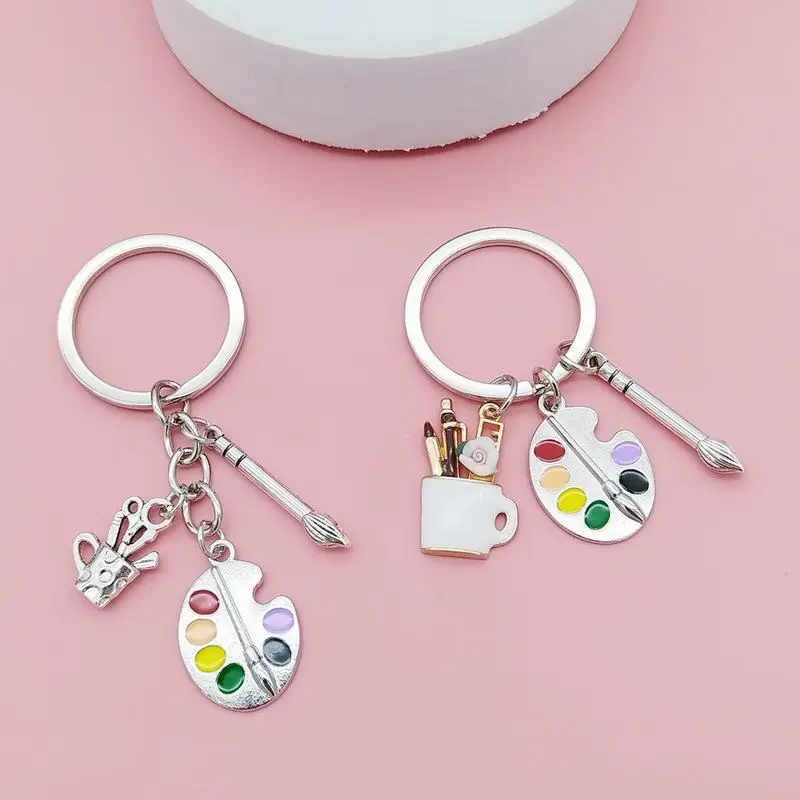 10 Pieces Creative Color Palette Metal Keychain Pen Holder Brush Drawing Board Art Student Graduation Souvenir Backpack Pendant