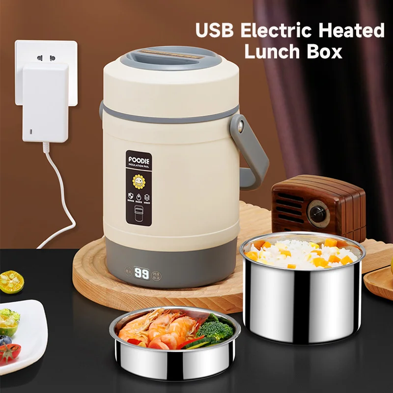 USB Electric Heated Lunch Box Stainless Steel Food Warmer Bento Lunch Box Container Constant 65℃ Thermal Boxes for Office School