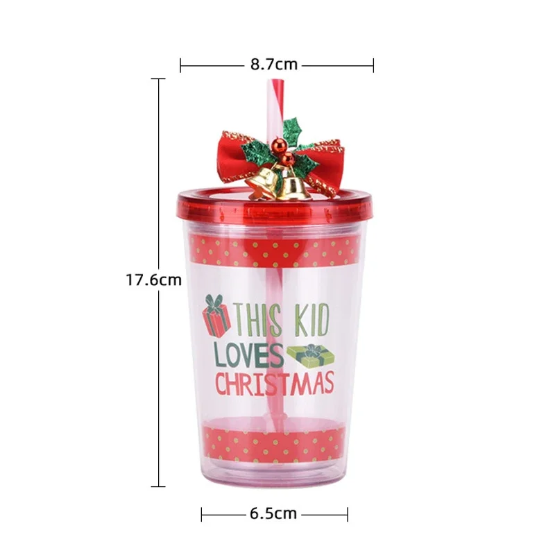 2023 New Christmas Double Layer Plastic Straw Water Cup Bell Christmas Gift Unisex Carrying Cup