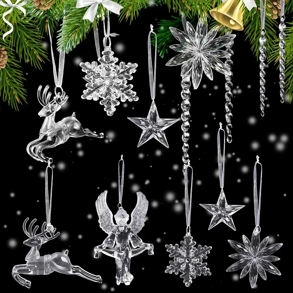 2/24pcs Crystal Clear Snowflake Christmas Tree Pendants Icicle Decorations For Holiday Winter Party Transparent Hanging Ornament