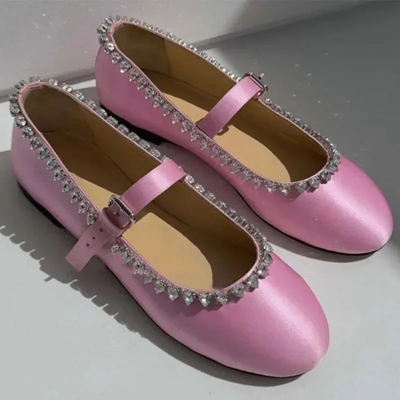 

Satin Rhinestone Concise Flat Sole Single Shoe Black Pink Punk Style 2024 New Fashion Women Shoes Size 34-43 Handmade Shoe