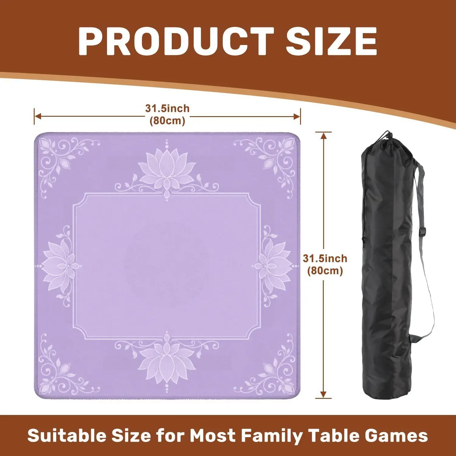 3mm Luxury 31.5 Inch Neoprene Mahjong Mat Lavender Lotus Floral Frame Ornament Non Slip Noise Reduction for Mahjong Games