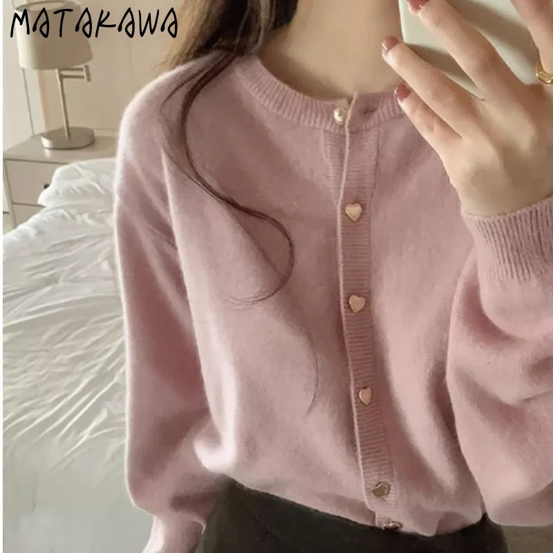 

Matakawa Pink Cardigans Autumn Winter Solid Korean Fashion Chic Women Sweaters O Neck Simple Loose Casual Sueter De Mujer