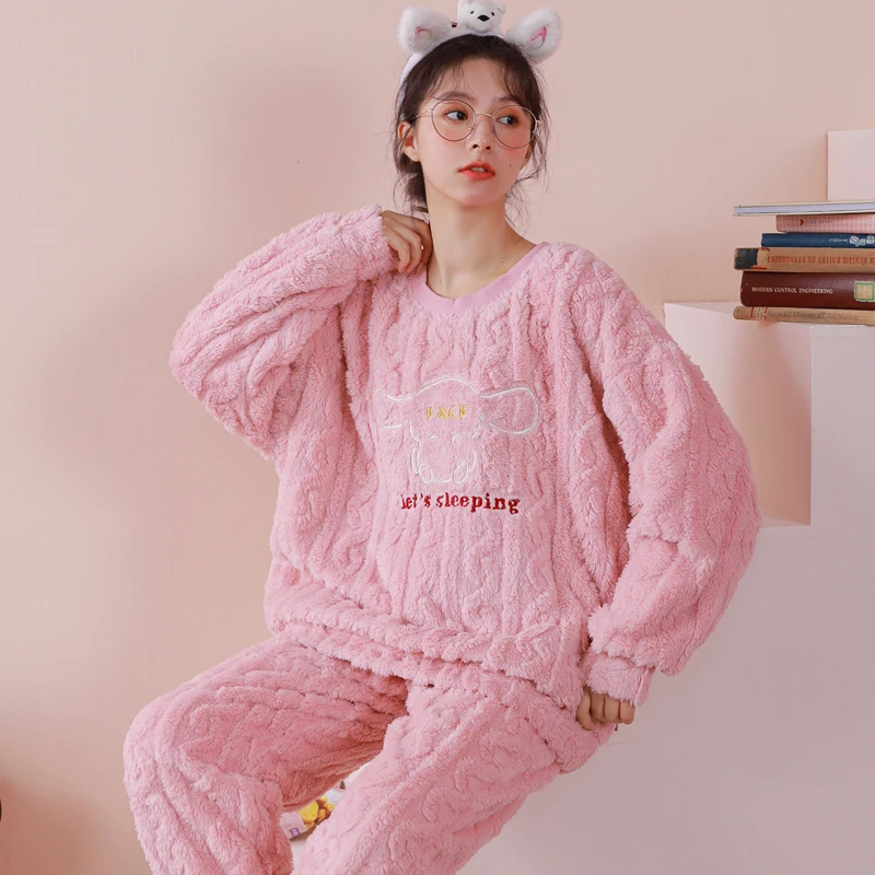 Cartoon Cute Flannel Pajamas Set Winter Warm Women's Pijamas Suit Korean Pijamas Set Coral Fleece Female Home Clothing Drop Ship