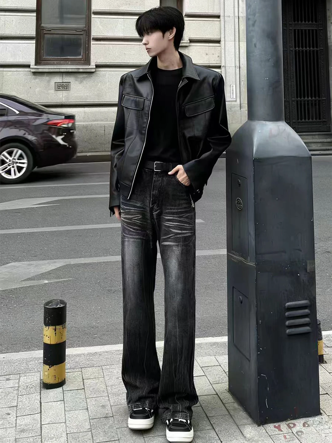 

Мужские джинсы American Vibe Bla Denim: прямые брюки с микро-клешем в стиле High Street, эффект потертости, молодежная повседневная одежда