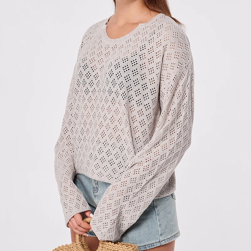 Gray Hollow Knitted top Women Cover Up Design Long Sleeve Thin Knit Pullover Casual Loose Mesh Pullover Woman Knitwear 2024