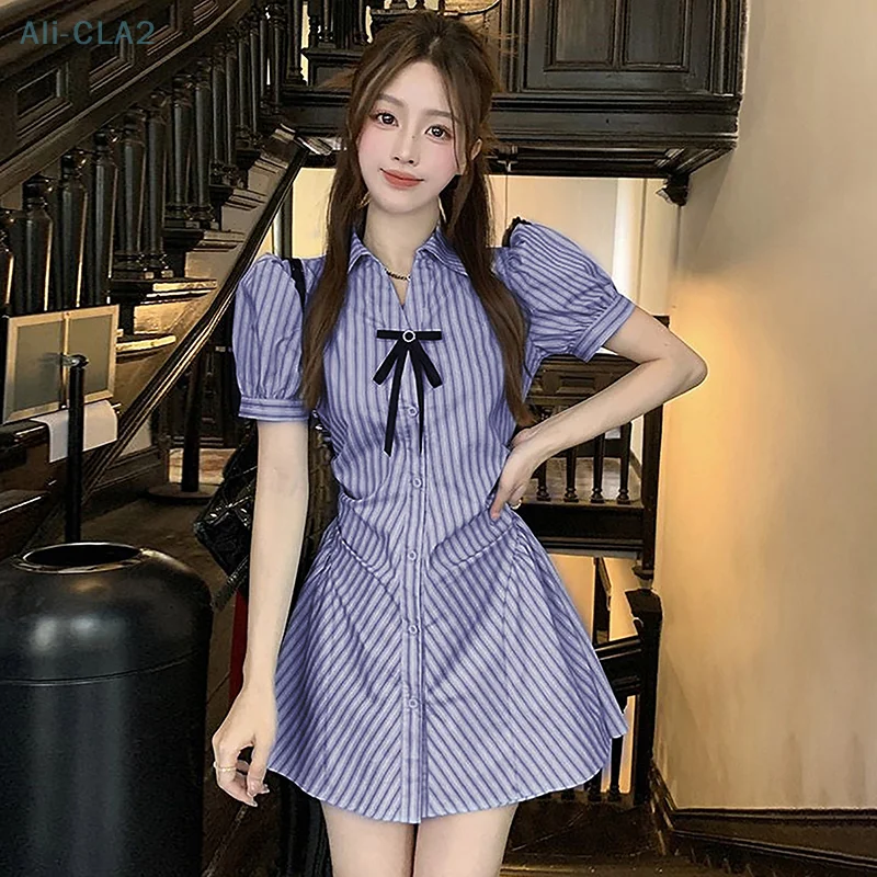 Shirt Dress Women Elegant Striped Puff Sleeve Single Breasted Bow Mini Dresses