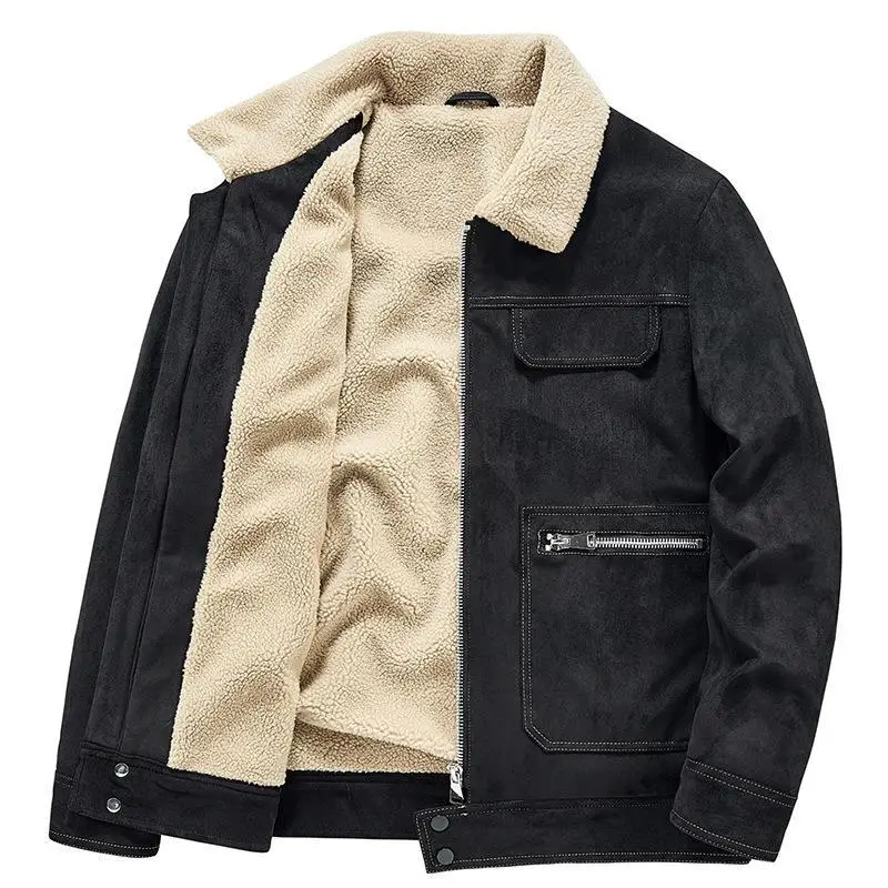 New Winter Men Suede Casual Cargo Jackets Male Fashion Fleece Warm Parkas Down Jackets Quality Man Slim Tooling Coats Size 4XL