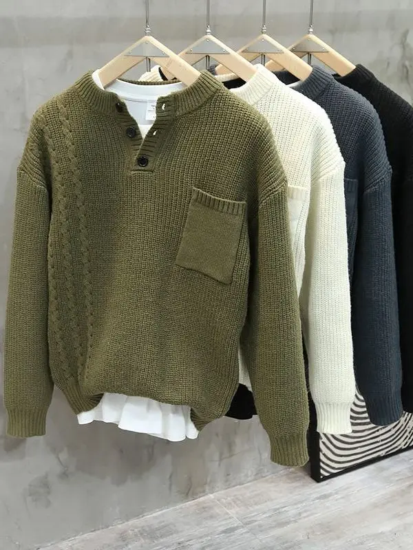 

Thiened Henry Collar Button ket Hooded Knitwear Sweater for Men Autumn Winter Outerwear Casual Long Sve Polyester Fiber