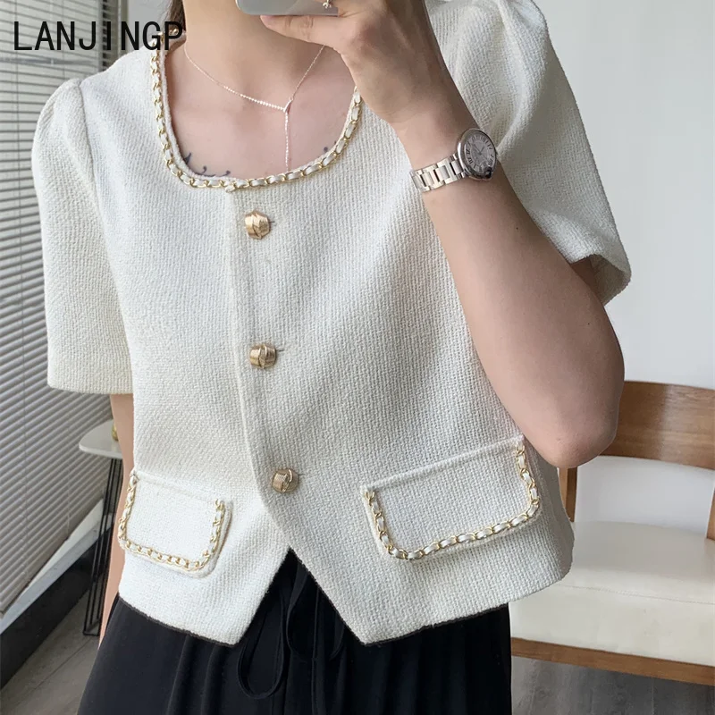 

Breathable square collar temperament women's top chain small fragrant thin short-sleeved short jacket new in summer