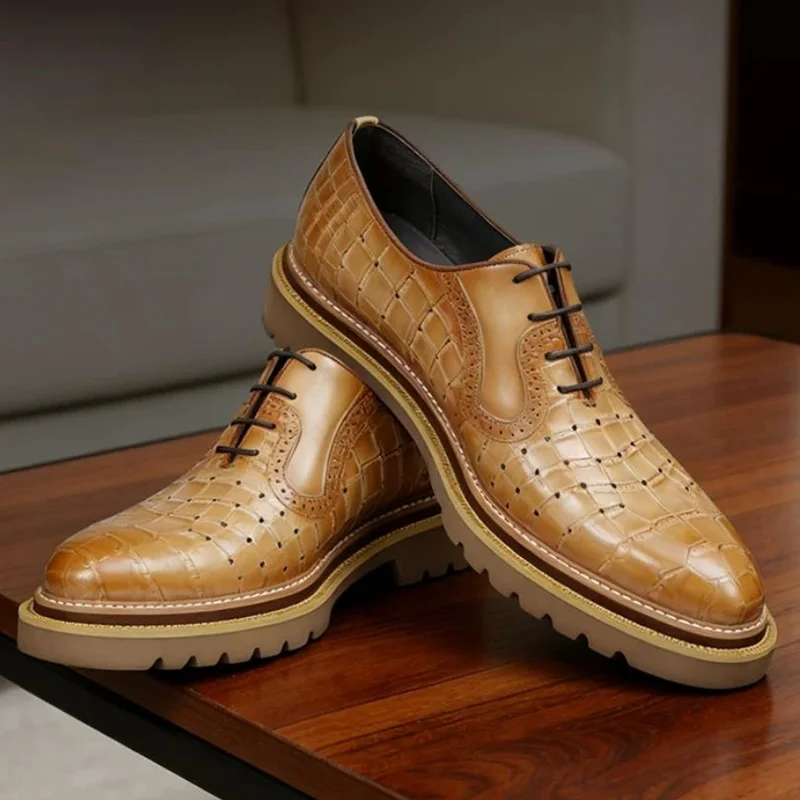 High Quality Height-increasing Men's Dress Shoes Top-layer Cowhide Embossed Stone-pattern Leather Oxford Shoes Man Formal Shoes