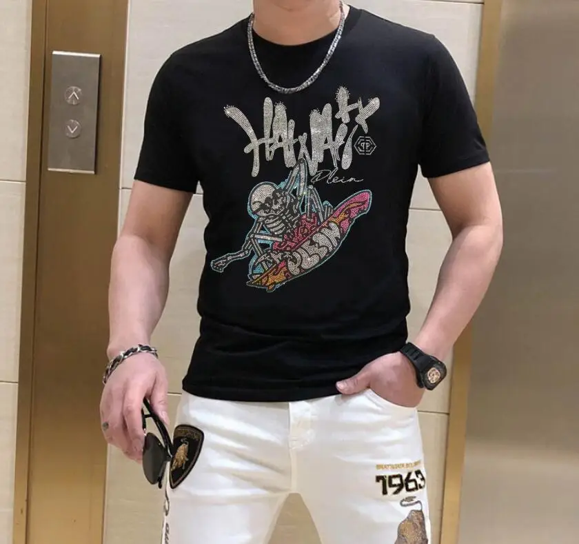 S-6XL Streetwear Men Diamonds Skulls  Summer Mens Rhinestones   Graphic  T Shirt Male  Fashion Tees Casual  anime Tops