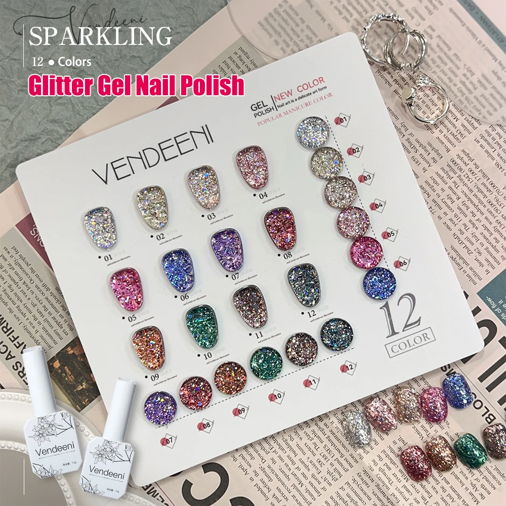 

Vendeeni 12 Colors Glitter Laser Sequins Gel Nail Polish Set Flash UV Soak Off Gel Varnish Party Sparkling Nail Art Gel Lacquer