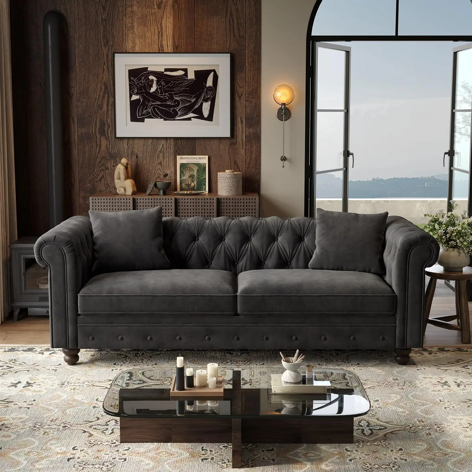 82 Inch Chesterfield a, 23 Inch Deep Seat Velvet Couch for Living Room, Button Tufted Couch with Rolled Arms, 2 Throw