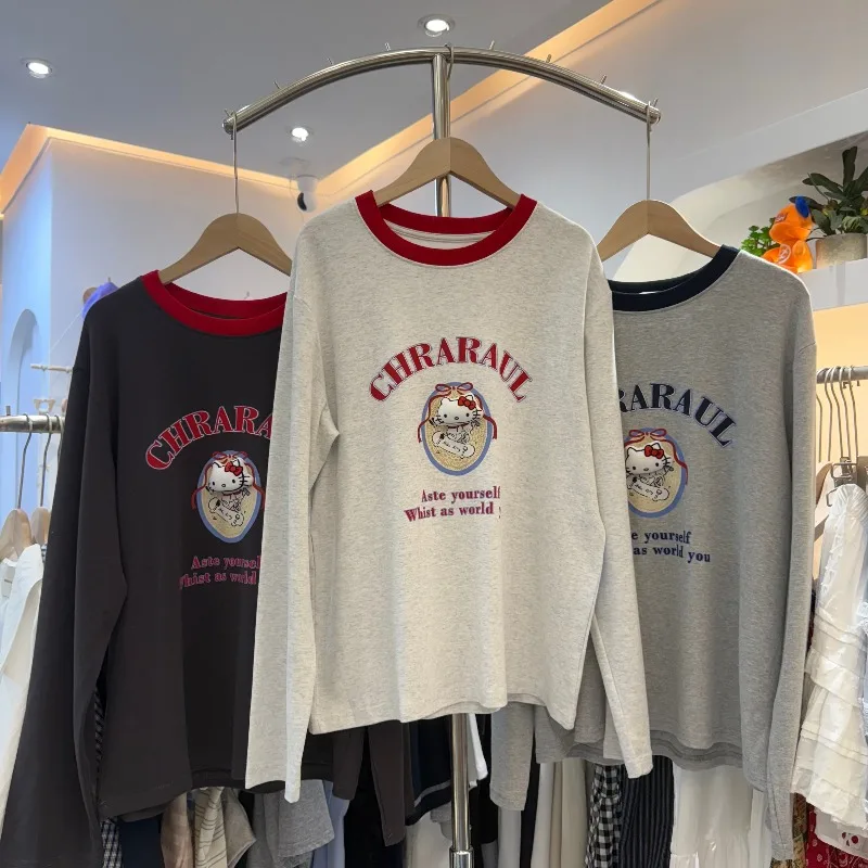 

New Kitty Round Neck 3D Printed Cartoon Loose Girl Like Versatile Long Sleeved Breathable Quick Drying T-shirt Top