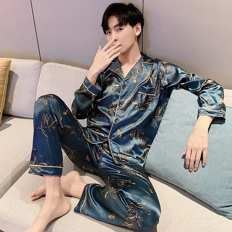 Cartoon Pajamas Men\'s Ice Silk Thin Long Sleeves Sleepwear Set Spring Autumn Oversized 95kg Young Boys Loose Home Service Suit