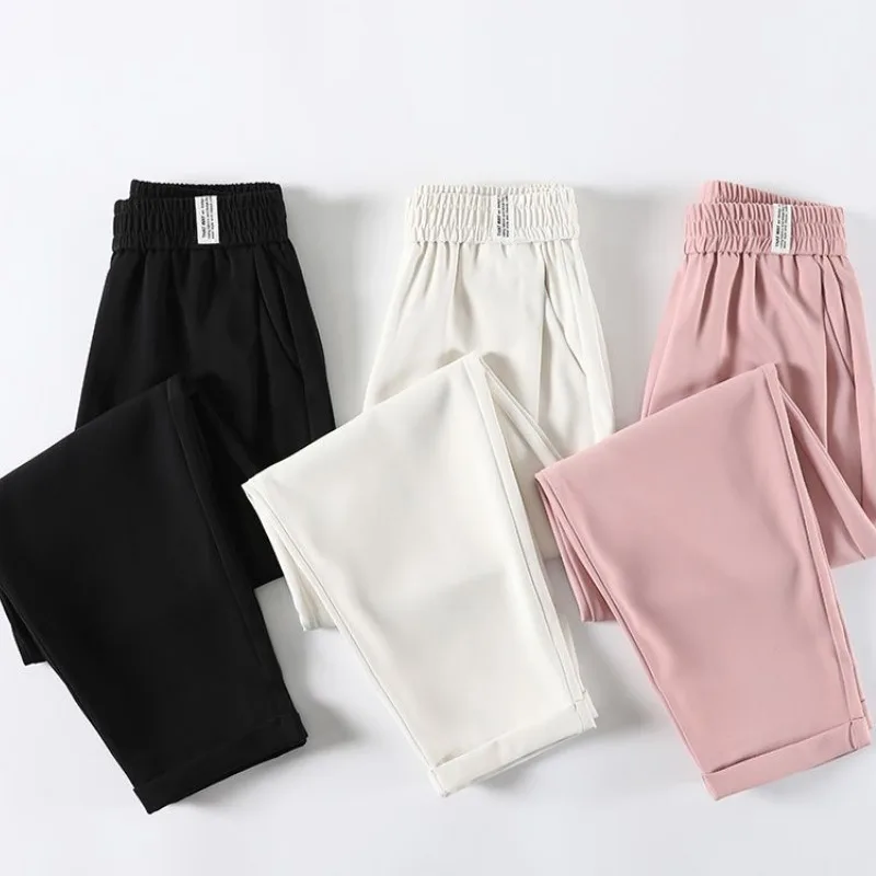 Women's Summer Solid Color Thin Ice Silk Wide Leg Straight Leg Pants Loose Elastic Waist Slim Large Casual Fashion Sweatpants