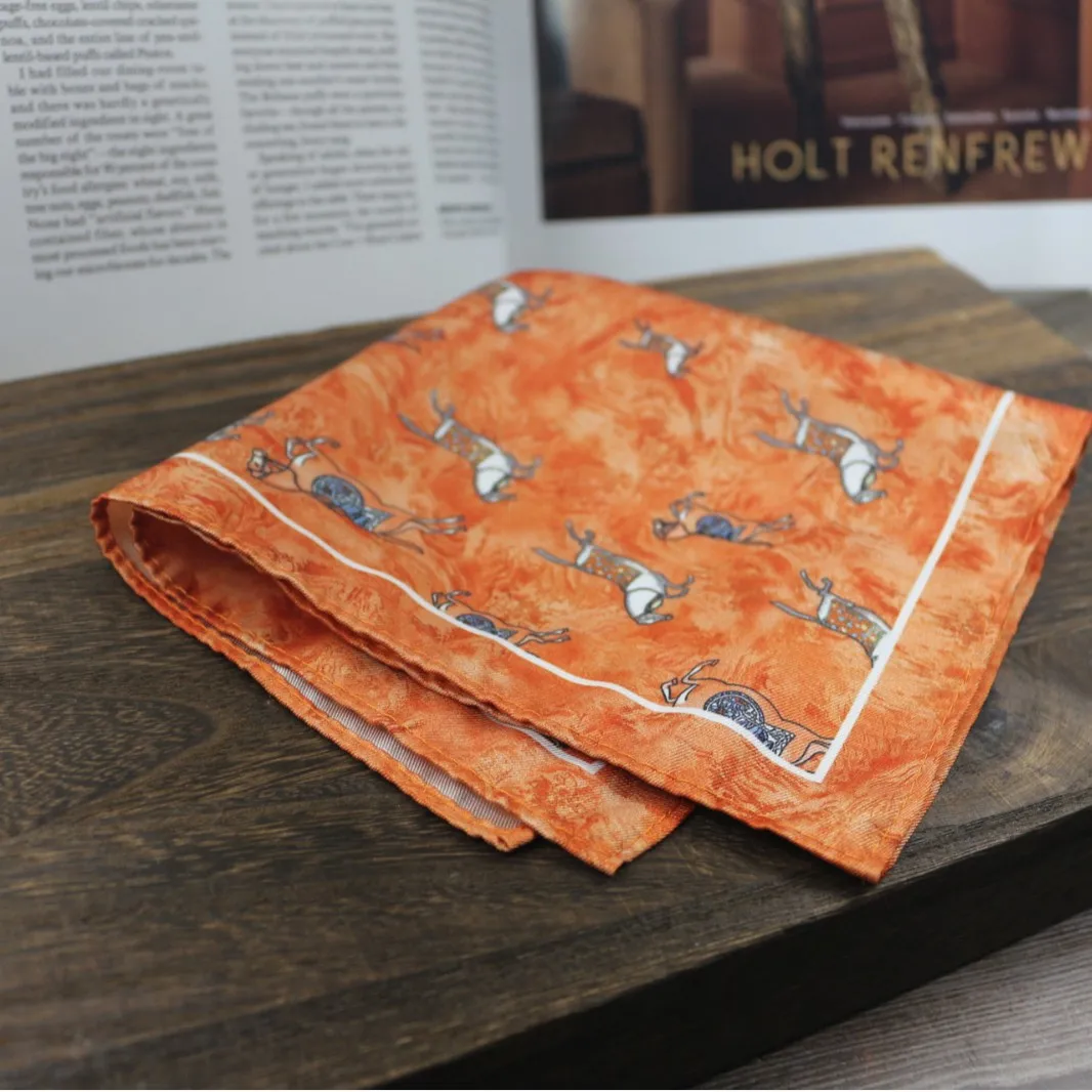 Vintage Print Pocket Square  Men's Formal  Handkerchief for Suit Tuxedo & Business Wear Elegant Orange Patterned Chest Scarf