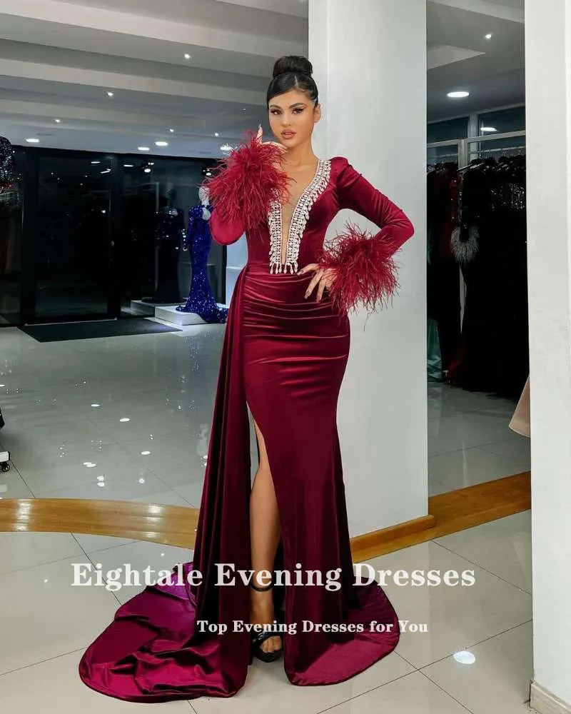 Eightale Caftan Vevet Evening Dresses Feather V Neck Mermaid Prom Gown Long Sleeves Burgundy Side Split Arabic Dubai Party Dress