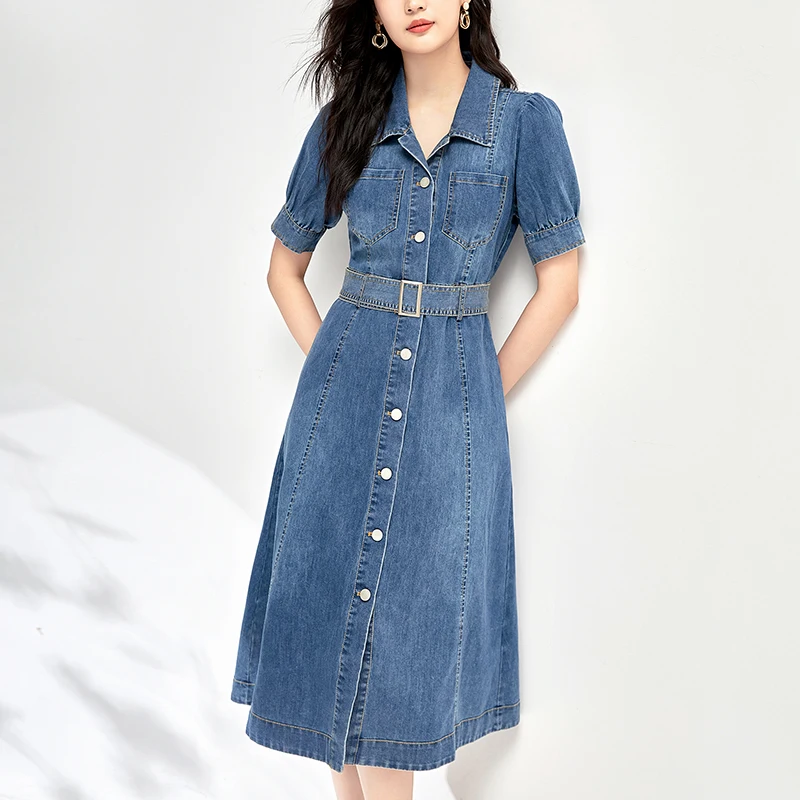 

2024 Summer Women's Denim Dress 100% Cotton Single Breasted Turn-down Collar Woman Shirt Dress Short Sleeve Casual Long Dresses