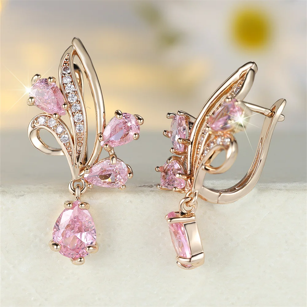 Water Drop Stone Pink Crystal Flower Hoop Earrings For Women Vintage Gold Color Ear Buckle Wedding Jewelry Engagement Party Gift