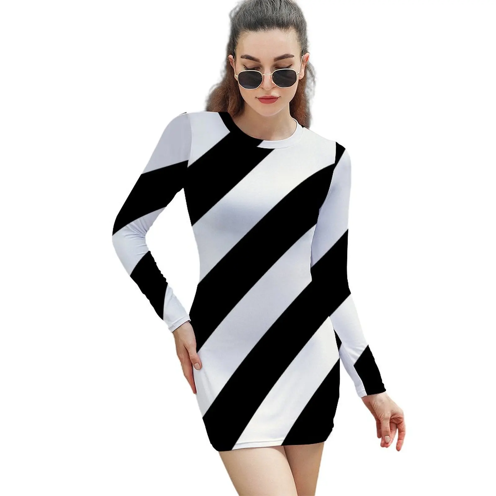 

Black and White Stripe Long-Sleeved Sheath Dress women's summer dress 2024 dresses for official occasions