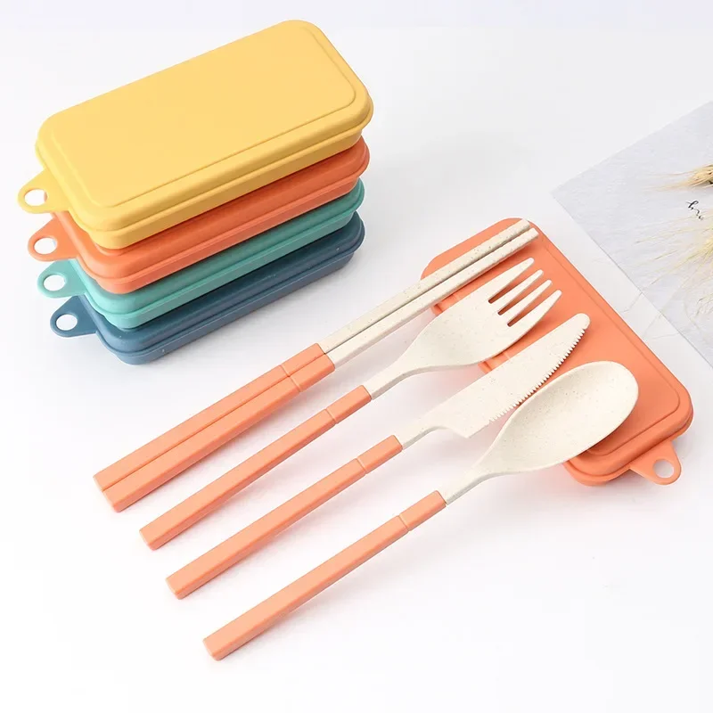 4Pcs Wheat Straw Dinnerware Set Portable Tableware Knife Fork Spoon Chopsticks Set Travel Cutlery Eco-Friendly Utensil Box