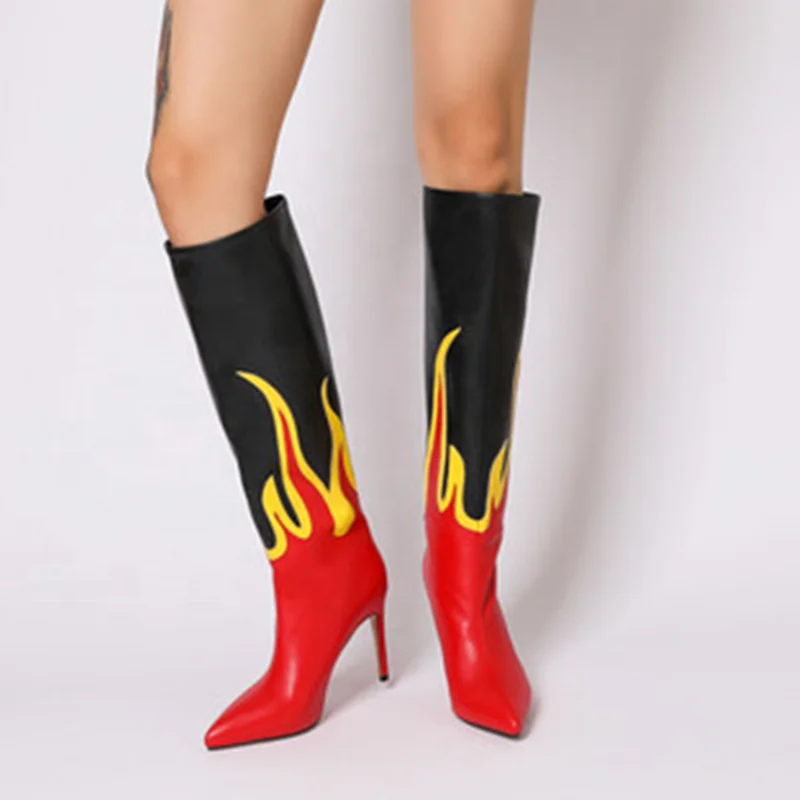 Red Fire Pattern Pointy Toe Thin High Heel Boots Big Size 44 Short Knee High Women Boots Slip-on Shoes Winter Spring