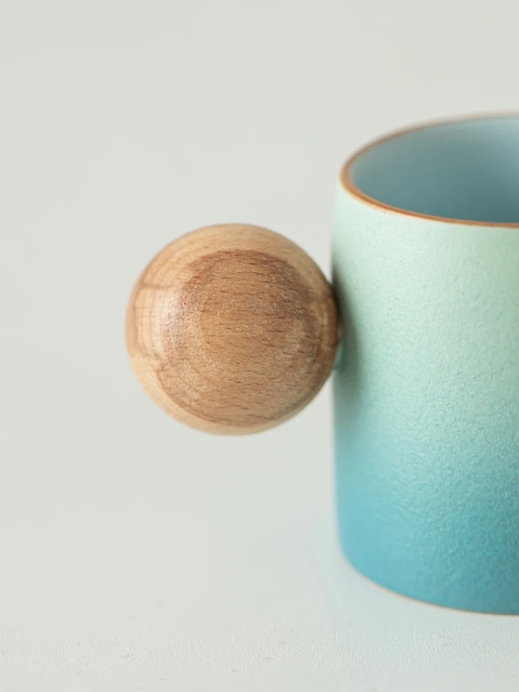 New Chinese Style Coarse Pottery Insulated Espresso Cup Wooden Ball Handle Professional Barista Used Black Coffee Mug Cafe Shot