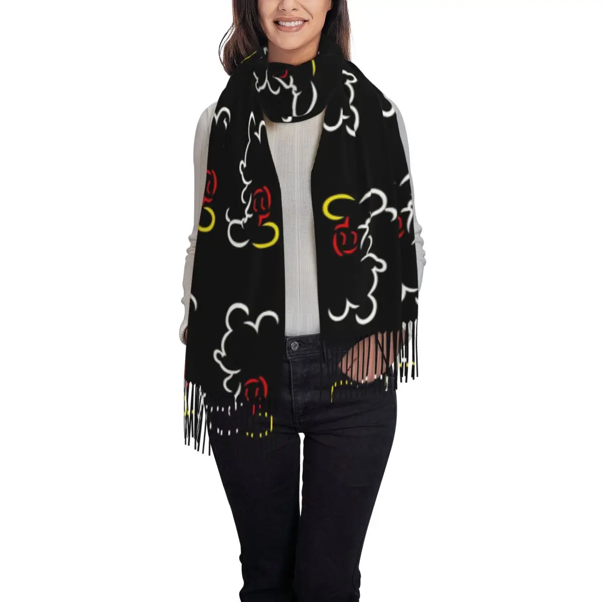 Custom Mickey Mouse Scarf Wrap for Women Long Winter Fall Warm Tassel Shawl Unisex Scarves