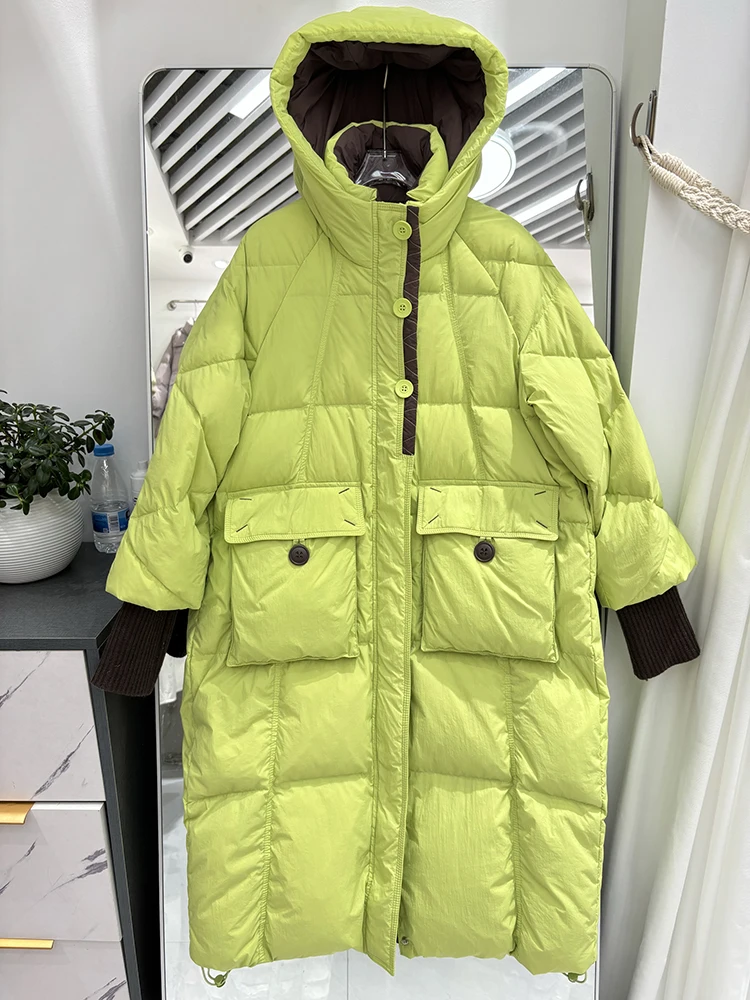 เสื้อแจ็คเก็ตขนเป็ดสำหรับผู้หญิงแบบมีฮู้ดสำหรับฤดูหนาว  แบบหนา  ซิป  ให้ความอบอุ่น  ยาวถึงเข่า  สีขาว  มีกระเป๋าใหญ่  แบบพาร์กา  เสื้อคลุมกันหนาว