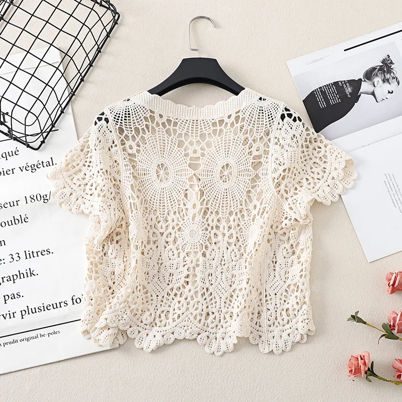 Sheer Crochet Top Short Sleeve Button Front V-Neck Open-knit Embroidery Blouse Women Summer Fairycore Cottagecore Outfit