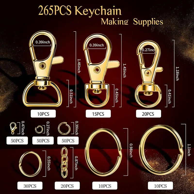 265PCS Keychain Making Kit Key Chain Clips Rings Lanyard Hooks Lobster Claw Clasps Jump Rings for Key Chain Making Jewelry DIY