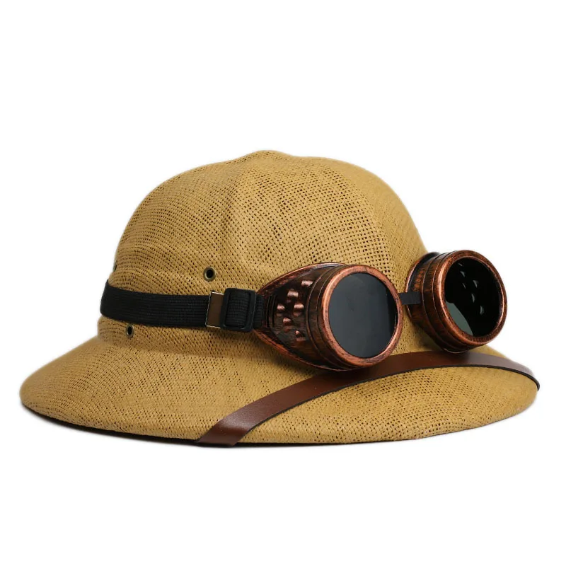 Steampunk Explorer Safety Pith Helmet with Goggles, Sun Protection Outdoor Equestrian Cork Hat for Safari