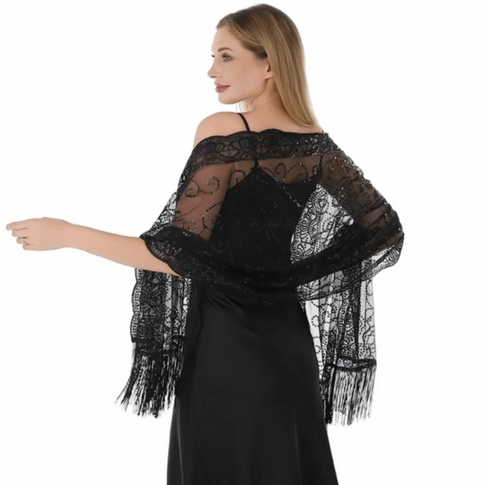 

Fashion Sequins Evening Dress Shawl Mesh with Tassel Wedding Capes Pure Color Wedding Shrugs Wraps for Women
