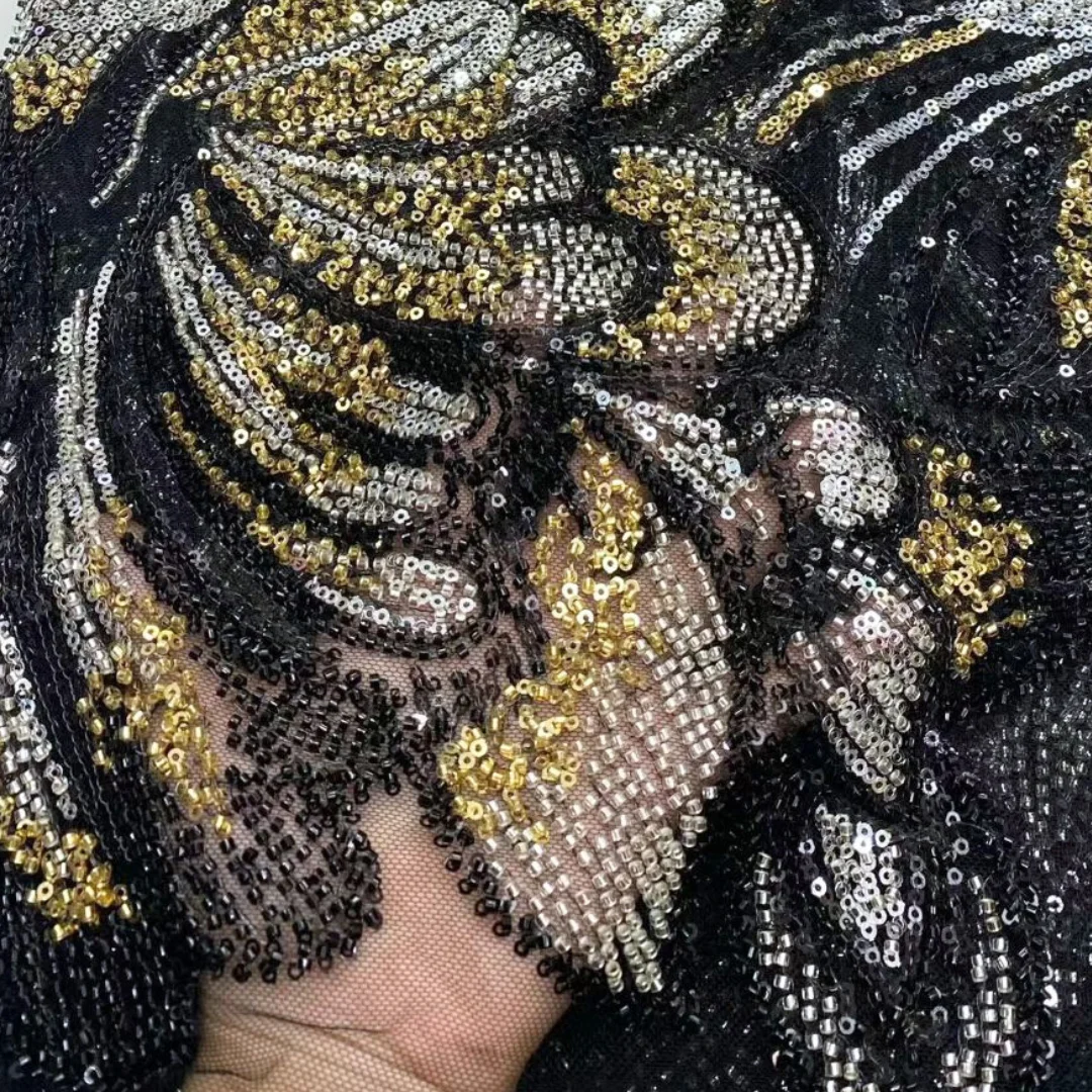

Black African Lace Fabric 3D Flower Beads Sequins French Net Lace High Quality Luxury Party Evening Dress Sewing Material