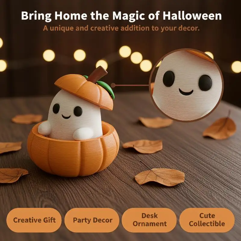 1 PCS 3D Printed Creative Halloween Pumpkin Elf Decor With Pumpkin Base Ghost Hat Desktop Ornament Halloween Gifts For Children